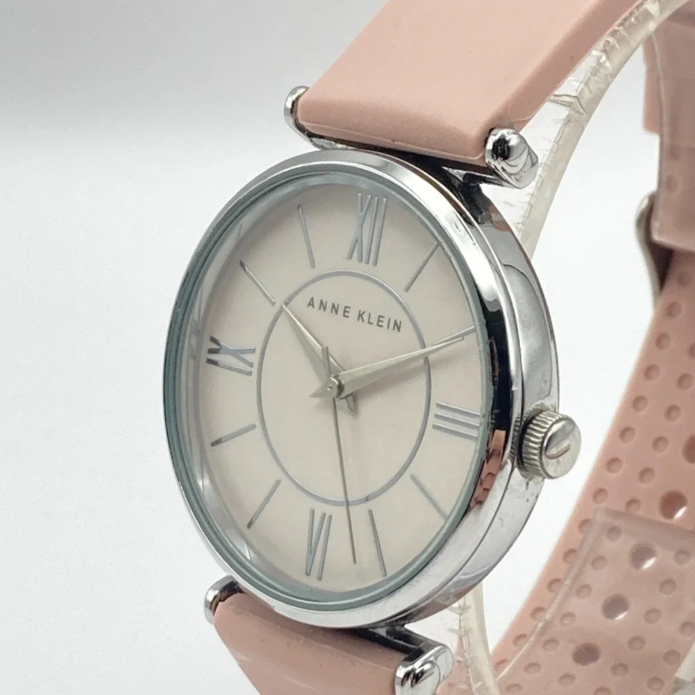 Anne Klein Women's Watch 34mm Silver Tone Beige Dial Silicone Band New Battery